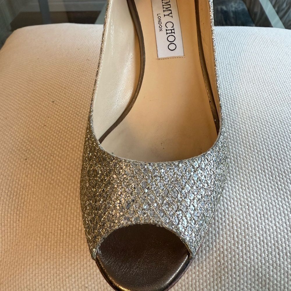Jimmy Choo Isabel Metallic Gold/Champagne Glitter Peep Toe Pump. Size 38. - Picture 2 of 8
